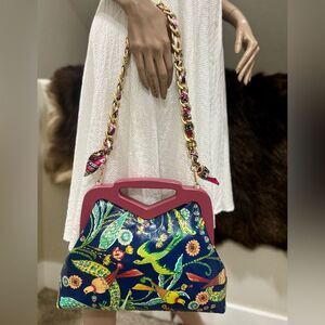 Genuine Leather Floral Print Handmade Large Wooden Frame Bag/ Crossbody